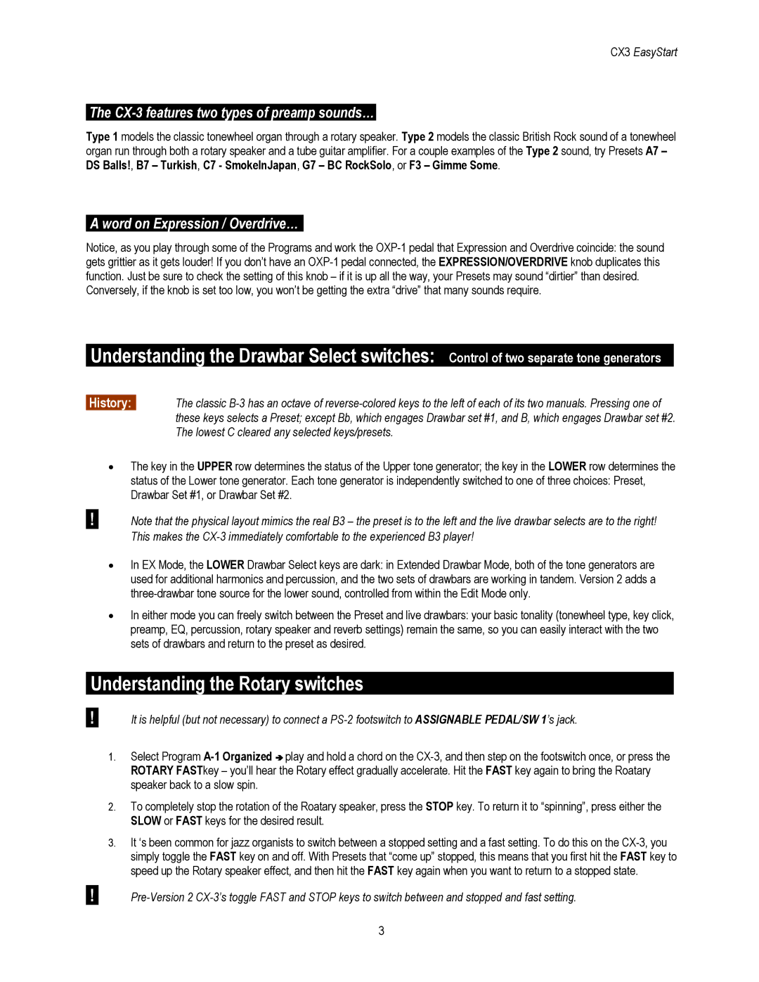 Korg Understanding the Rotary switches, CX-3 features two types of preamp sounds…, Word on Expression / Overdrive… 