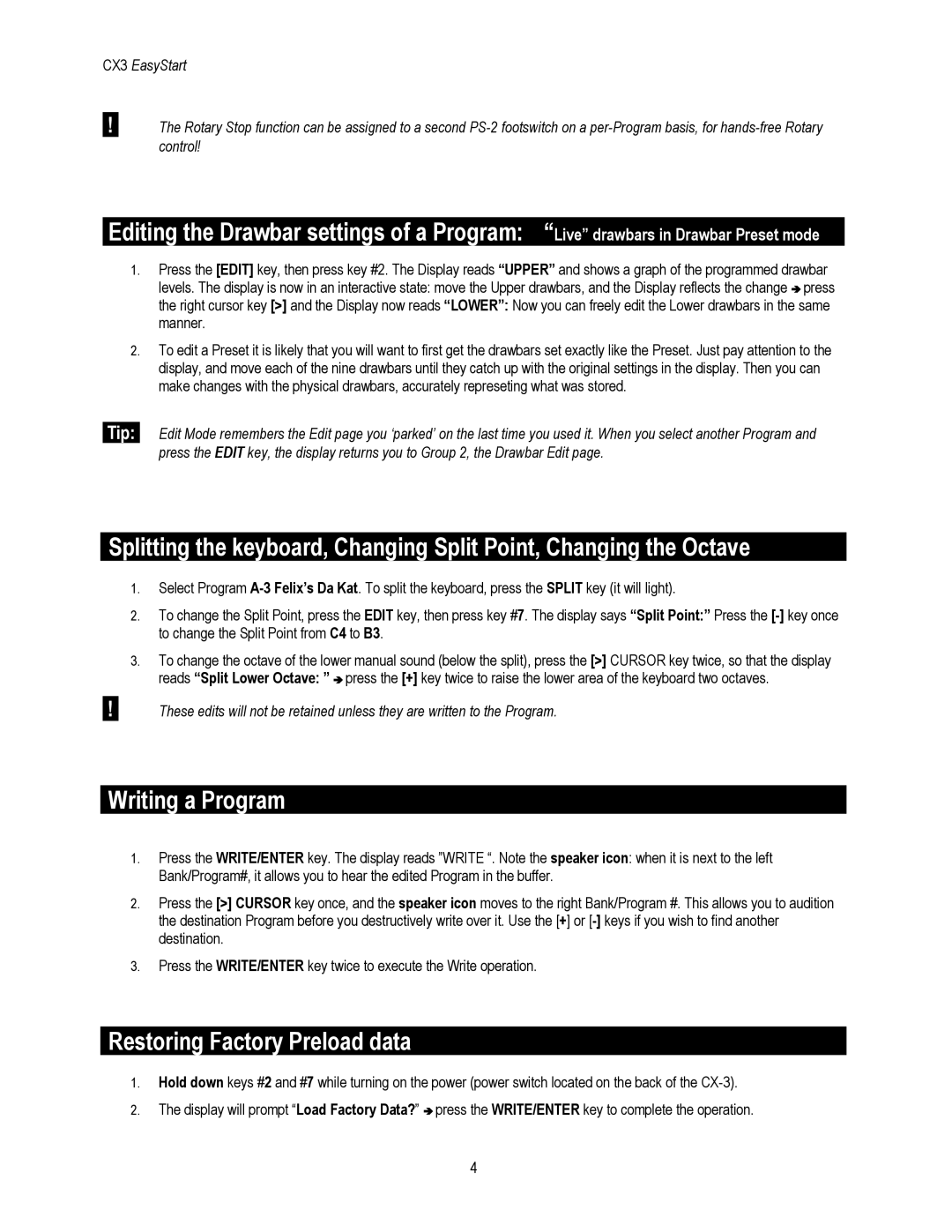 Korg CX-3 manual Writing a Program, Restoring Factory Preload data 