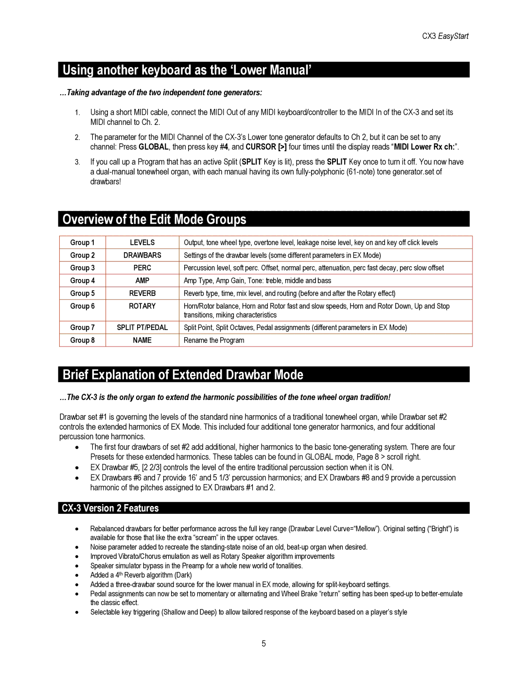 Korg CX-3 manual Using another keyboard as the ‘Lower Manual’, Overview of the Edit Mode Groups 