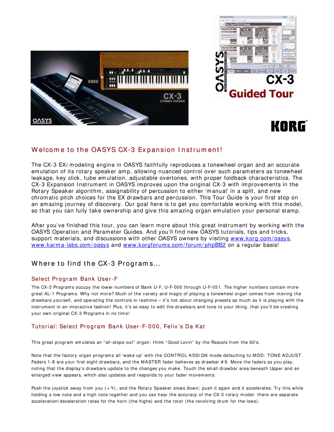 Korg manual Where to find the CX-3 Programs…, Select Program Bank User-F 