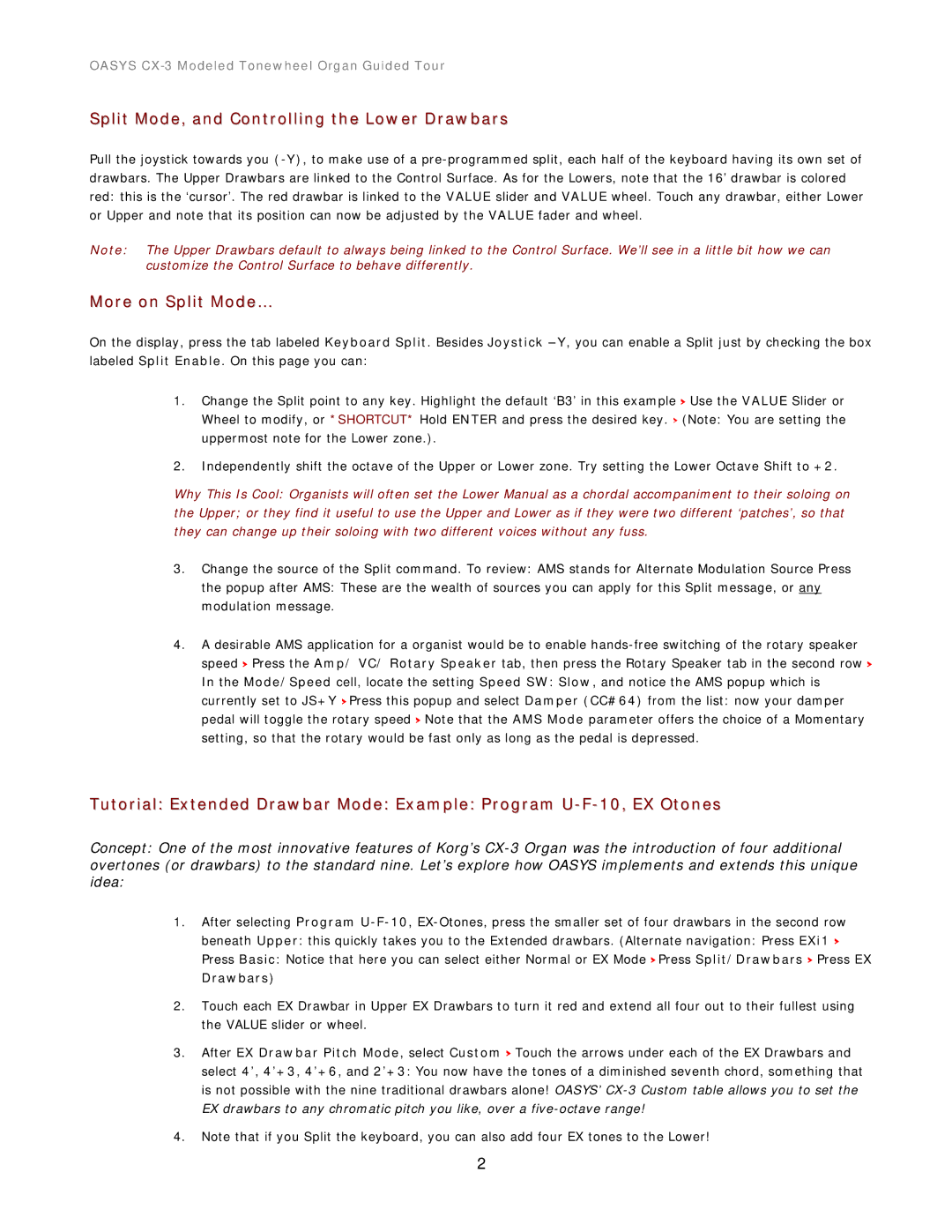 Korg CX-3 manual Split Mode, and Controlling the Lower Drawbars, More on Split Mode… 