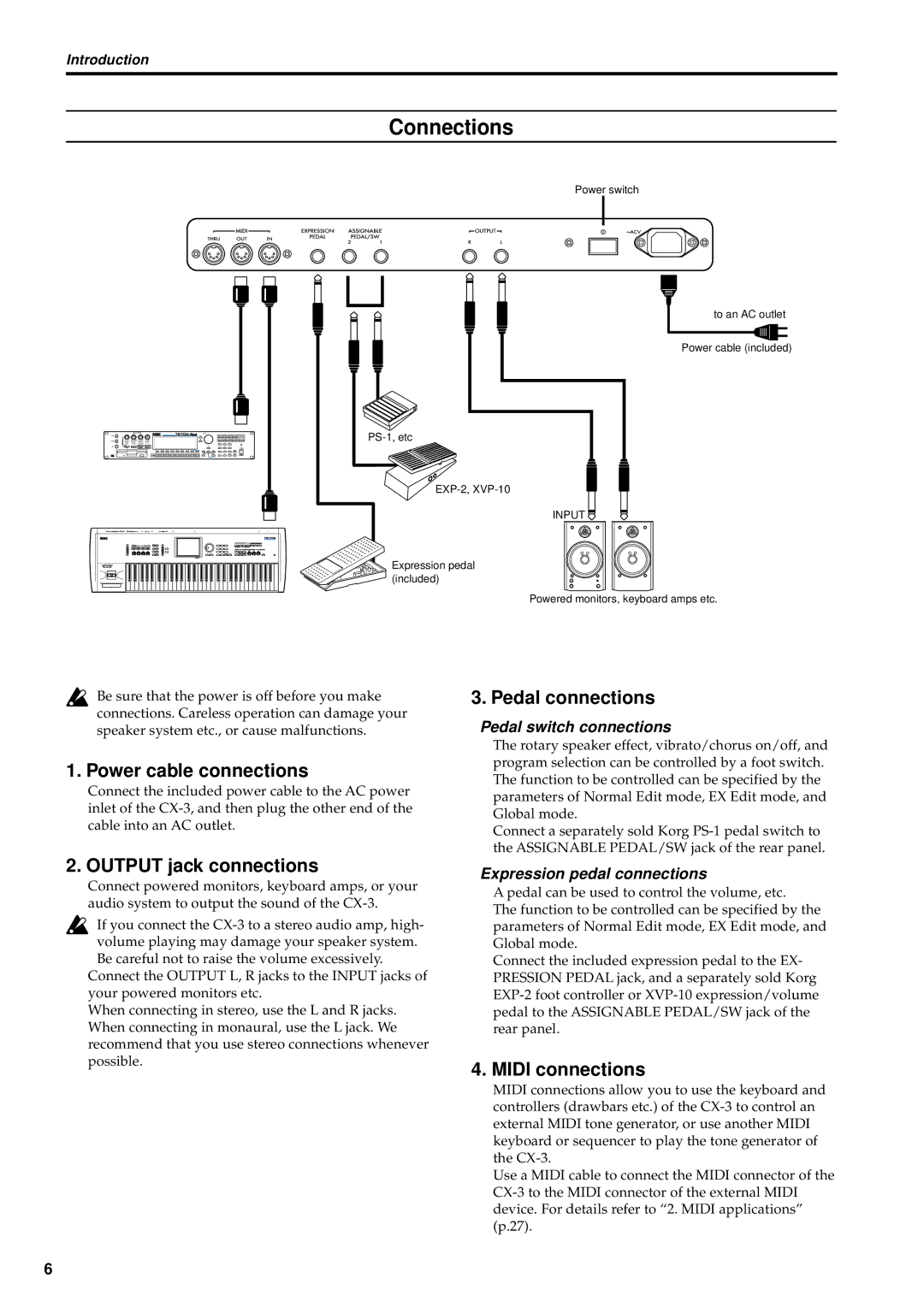 Korg CX-3 owner manual Connections, Power cable connections 