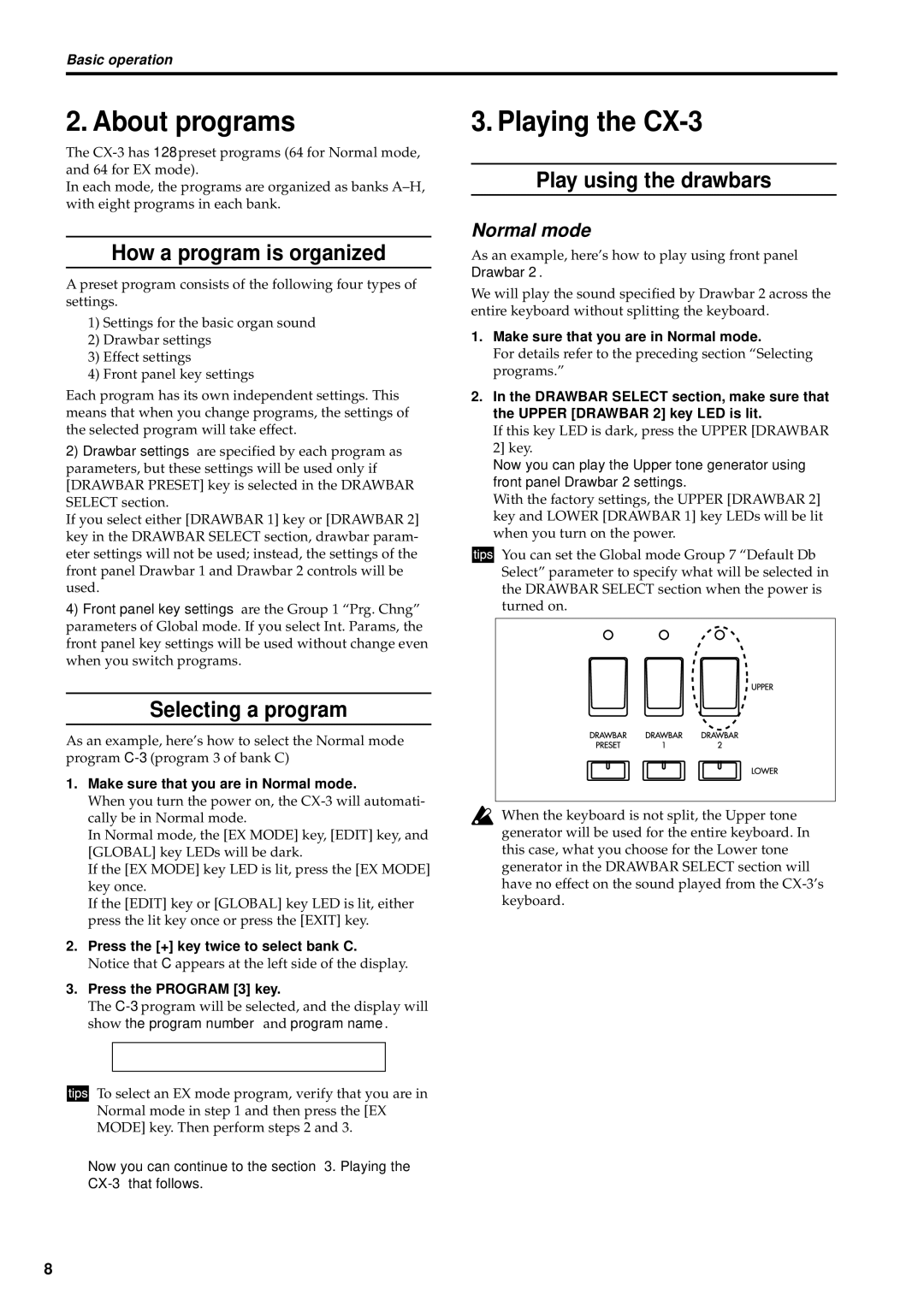 Korg About programs, Playing the CX-3, How a program is organized, Selecting a program, Play using the drawbars 