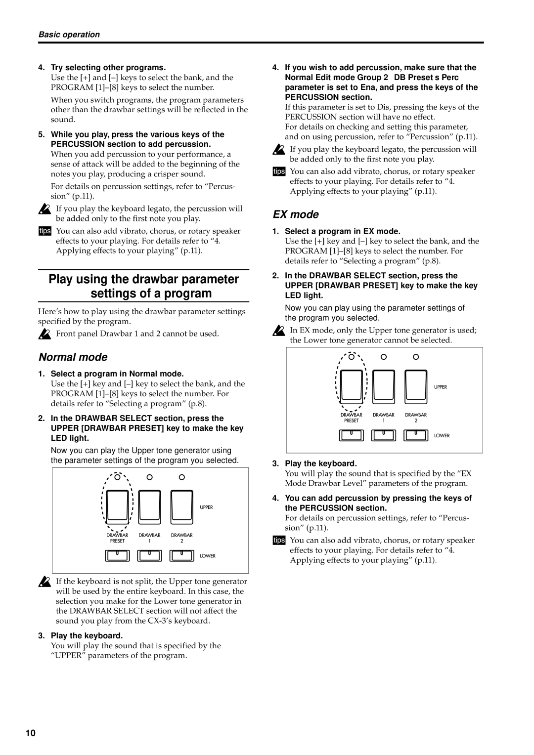 Korg CX-3 owner manual Select a program in Normal mode, Play the keyboard, Select a program in EX mode 