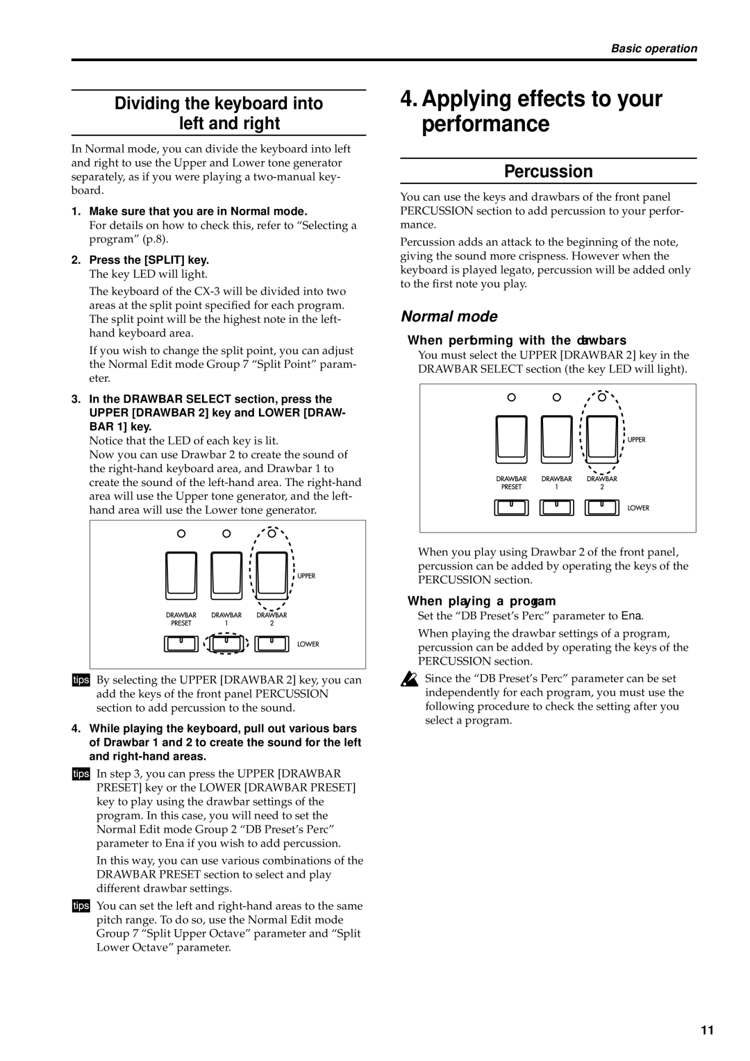 Korg CX-3 owner manual Applying effects to your performance, Dividing the keyboard into left and right, Percussion 