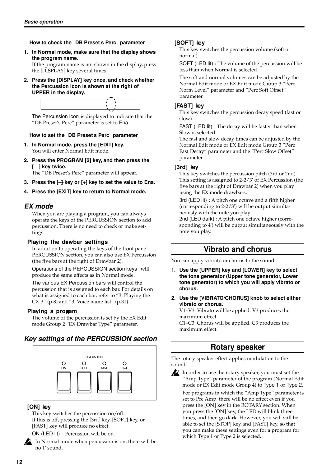 Korg CX-3 owner manual Vibrato and chorus, Rotary speaker, Key settings of the Percussion section 