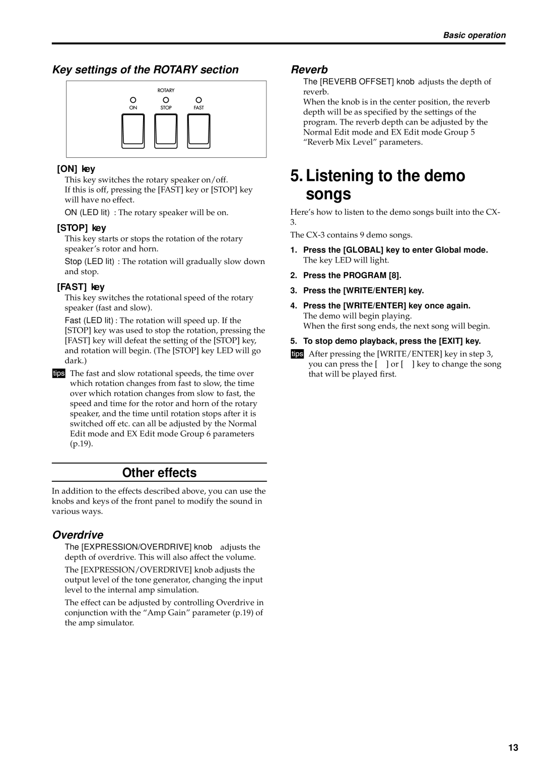 Korg CX-3 Listening to the demo songs, Other effects, Key settings of the Rotary section Reverb, Overdrive, Stop key 