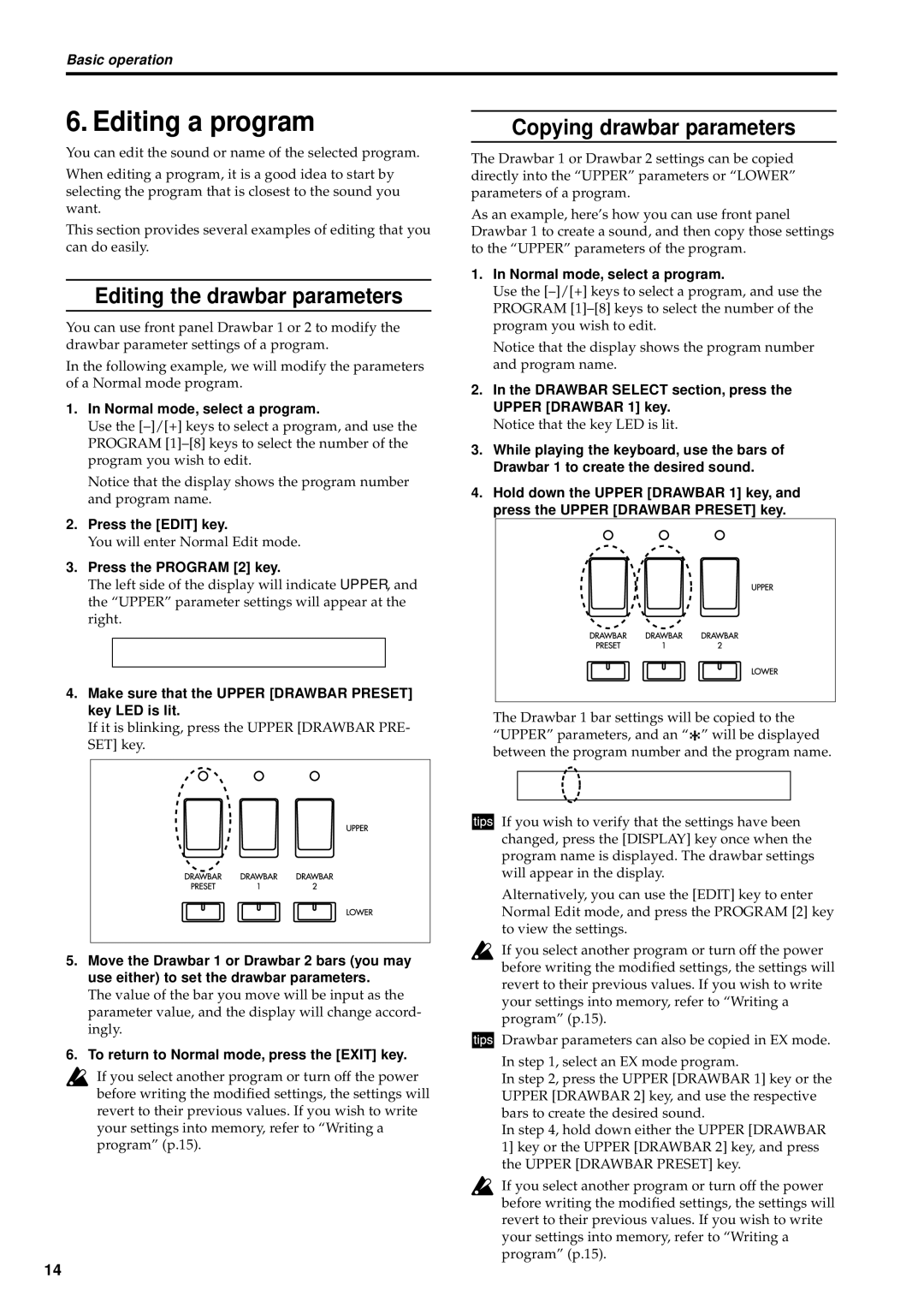 Korg CX-3 owner manual Editing a program, Editing the drawbar parameters, Copying drawbar parameters 