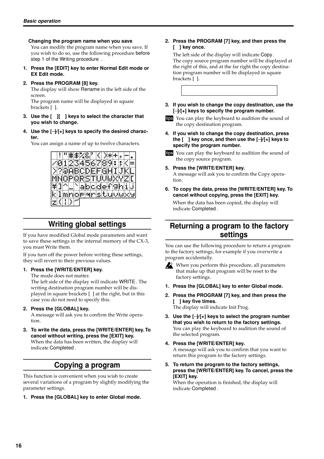 Korg CX-3 owner manual Writing global settings, Copying a program, Returning a program to the factory settings 