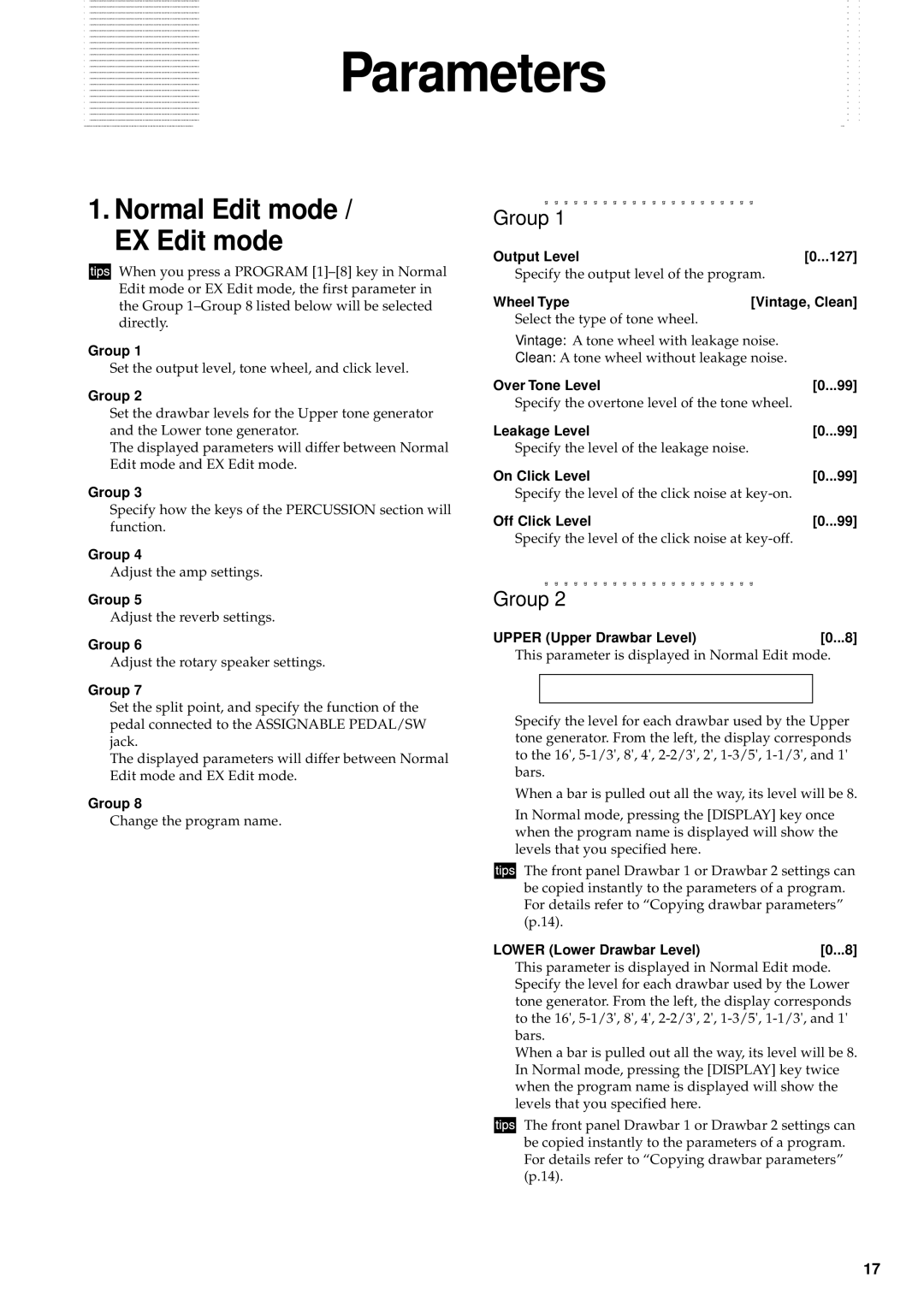 Korg CX-3 owner manual Group, Output Level 127, Wheel Type Vintage, Clean, Over Tone Level, Leakage Level, On Click Level 