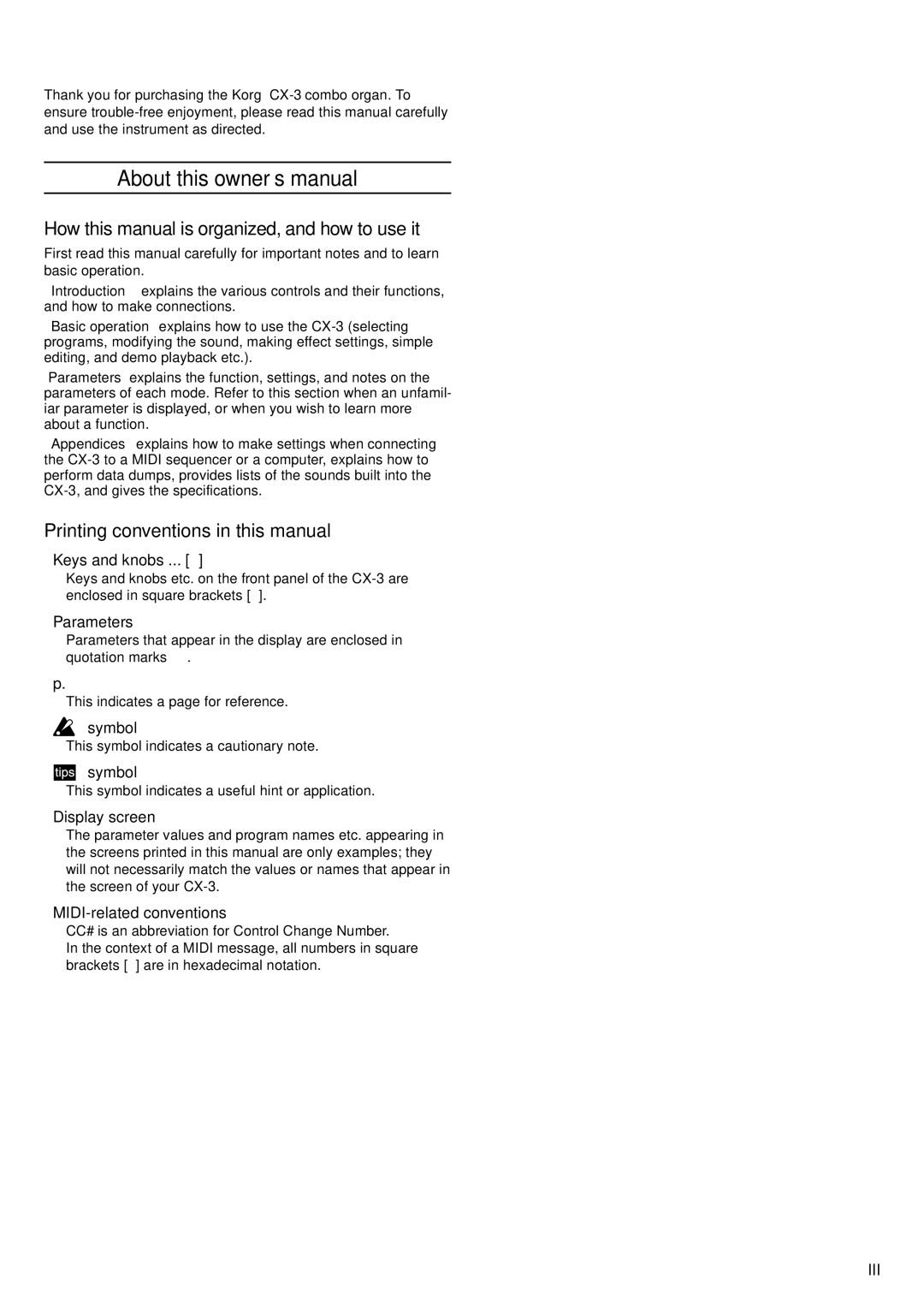 Korg CX-3 owner manual Keys and knobs, Parameters, Symbol, Display screen MIDI-related conventions 