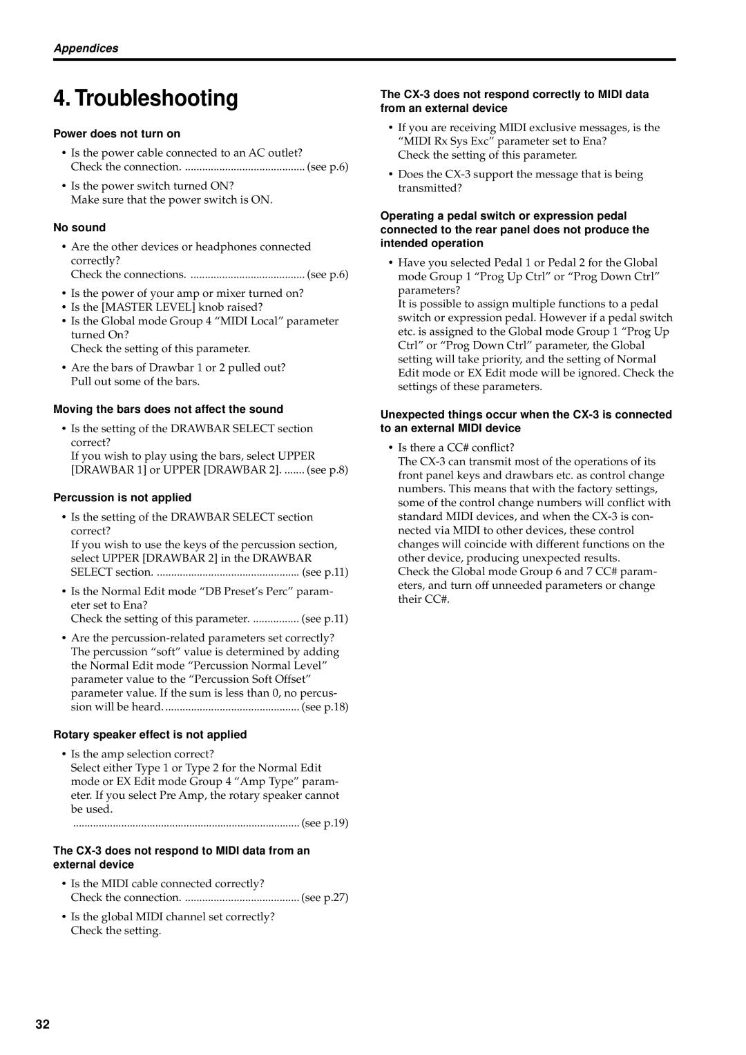 Korg CX-3 owner manual Troubleshooting 