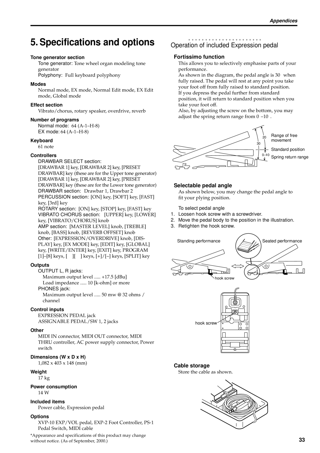 Korg CX-3 owner manual Specifications and options, Fortissimo function, Selectable pedal angle, Cable storage 