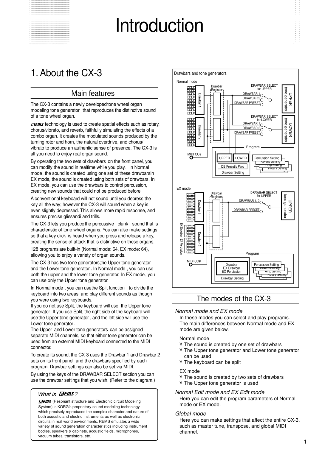 Korg owner manual About the CX, Main features, Modes of the CX-3, Normal mode, EX mode 