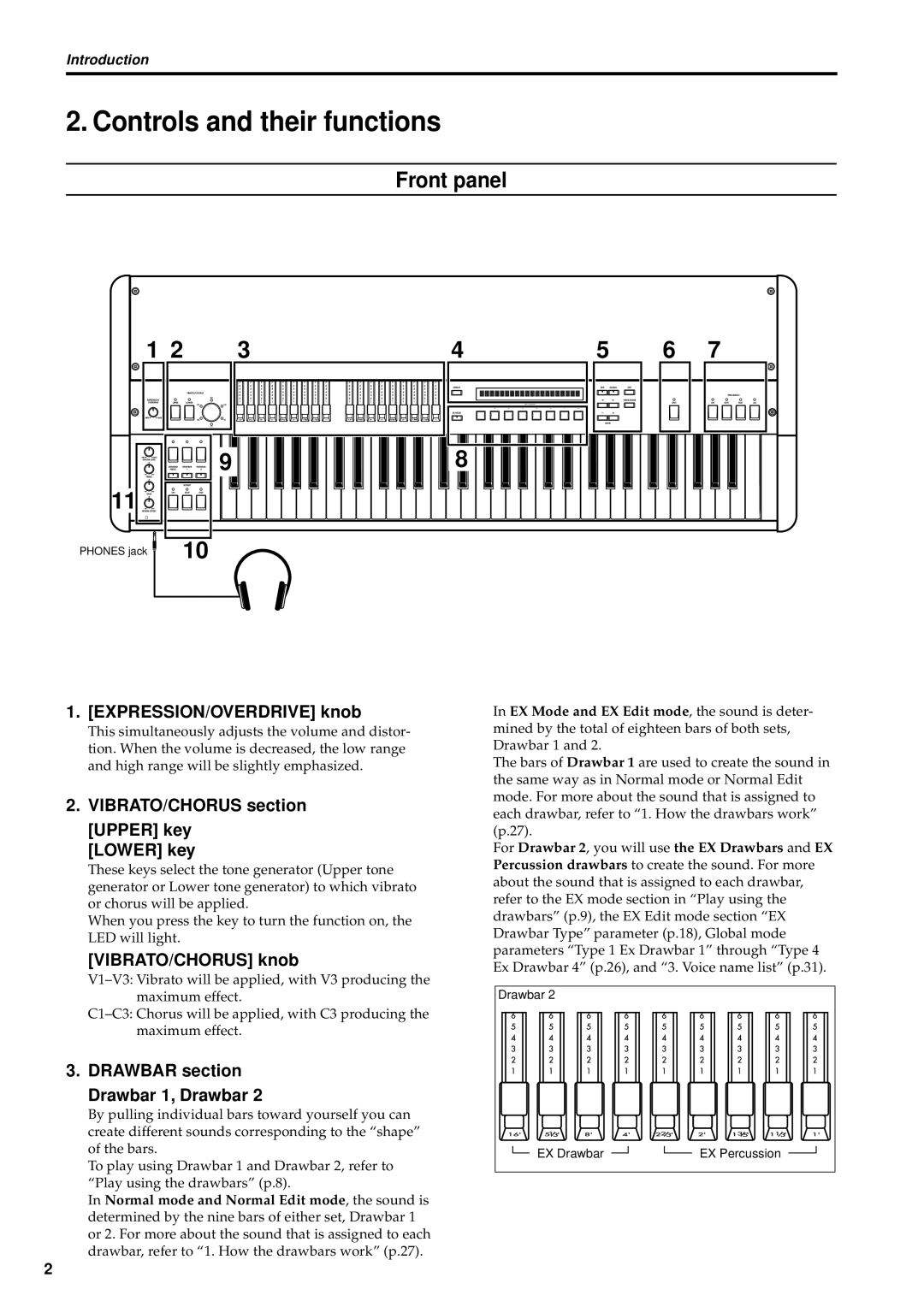 Korg CX-3 owner manual Controls and their functions, Front panel 