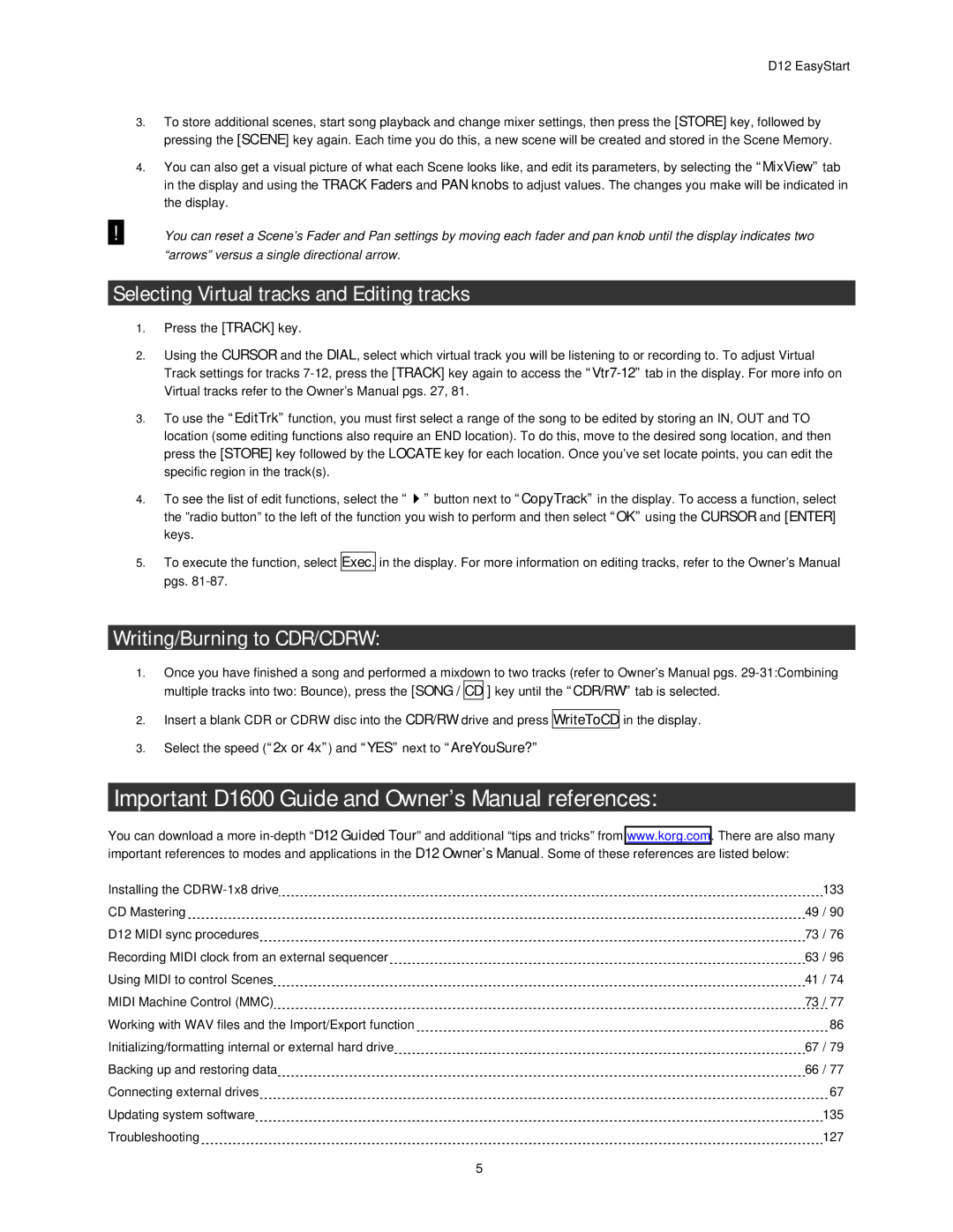 Korg D12 owner manual Selecting Virtual tracks and Editing tracks, Writing/Burning to CDR/CDRW, Exec, WriteToCD 