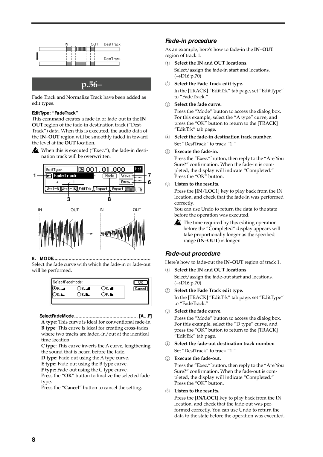 Korg D16 manual Fade-in procedure, Fade-out procedure 