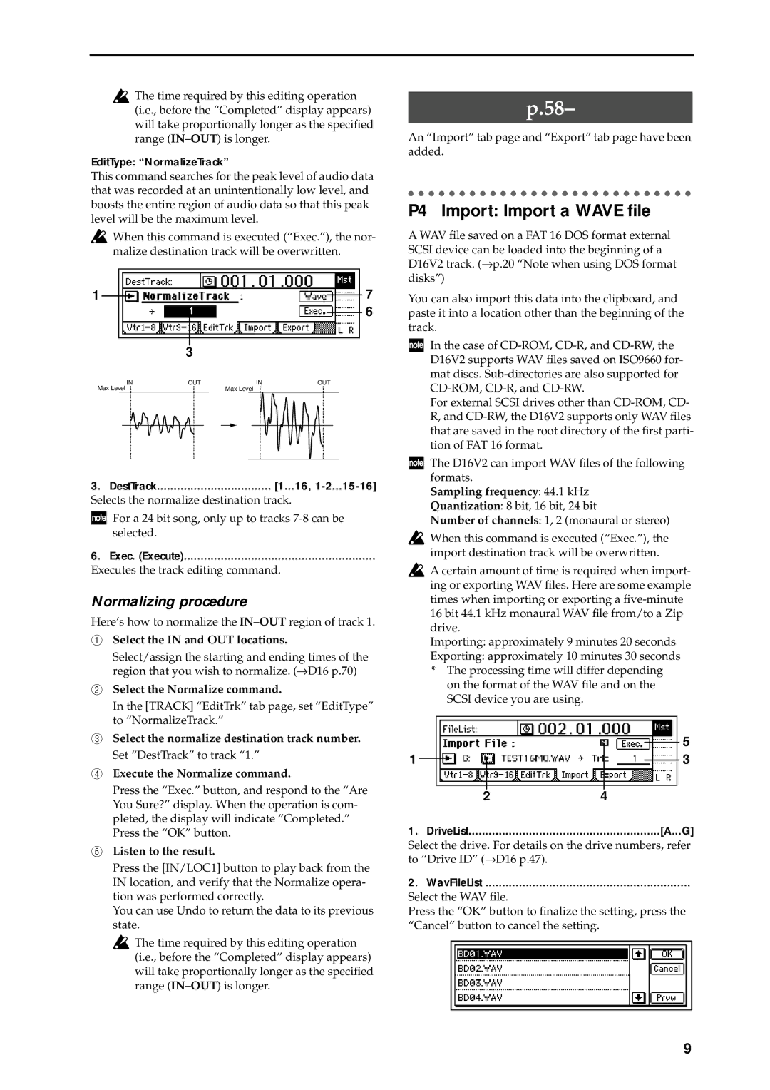 Korg D16 manual P4 Import Import a Wave ﬁle, Normalizing procedure, Select the Normalize command, Listen to the result 