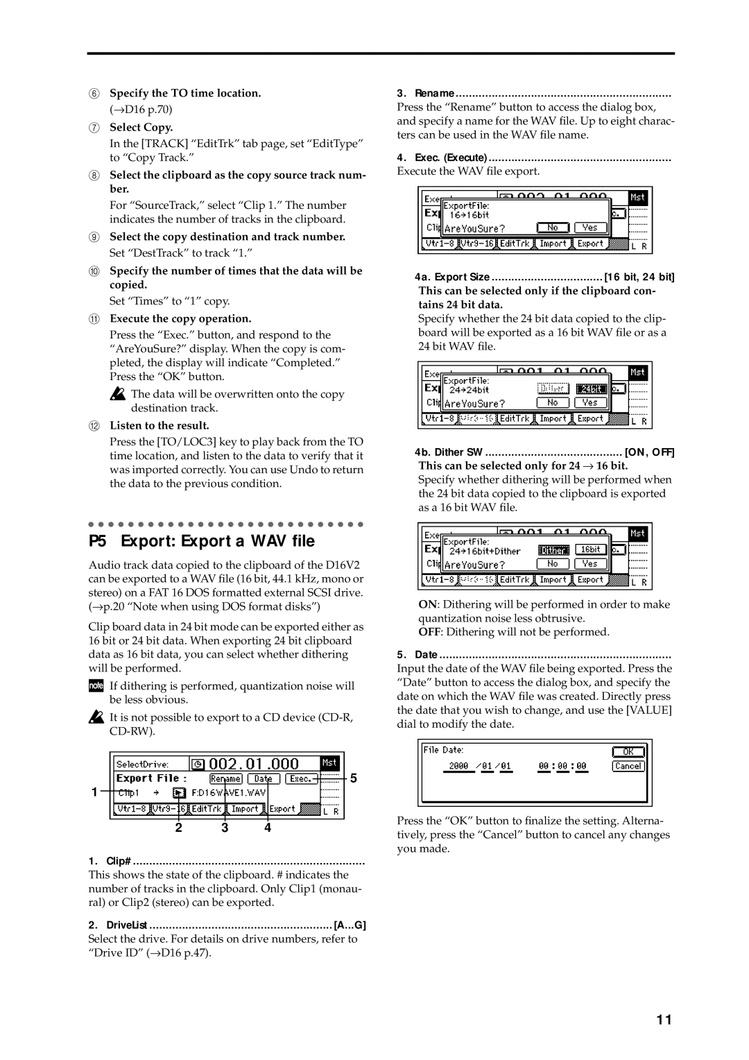 Korg manual P5 Export Export a WAV ﬁle, Specify the to time location. → D16 p.70 Select Copy, Execute the copy operation 