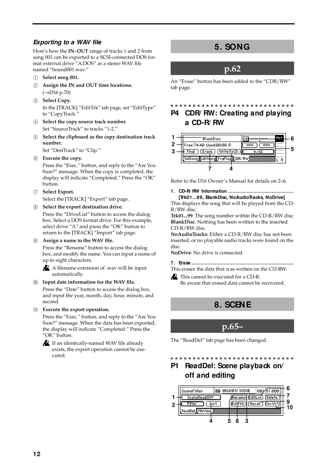 Korg D16 manual Song, P4 CDR/RW Creating and playing a CD-R/RW, P1 ReadDel Scene playback on/ off and editing 