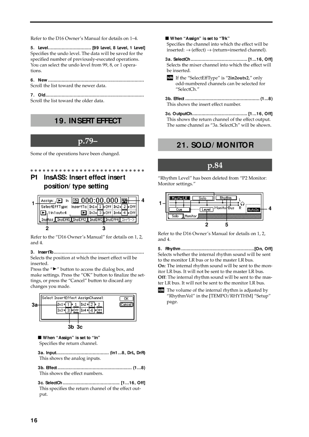 Korg D16 manual Insert Effect, Solo/Monitor 