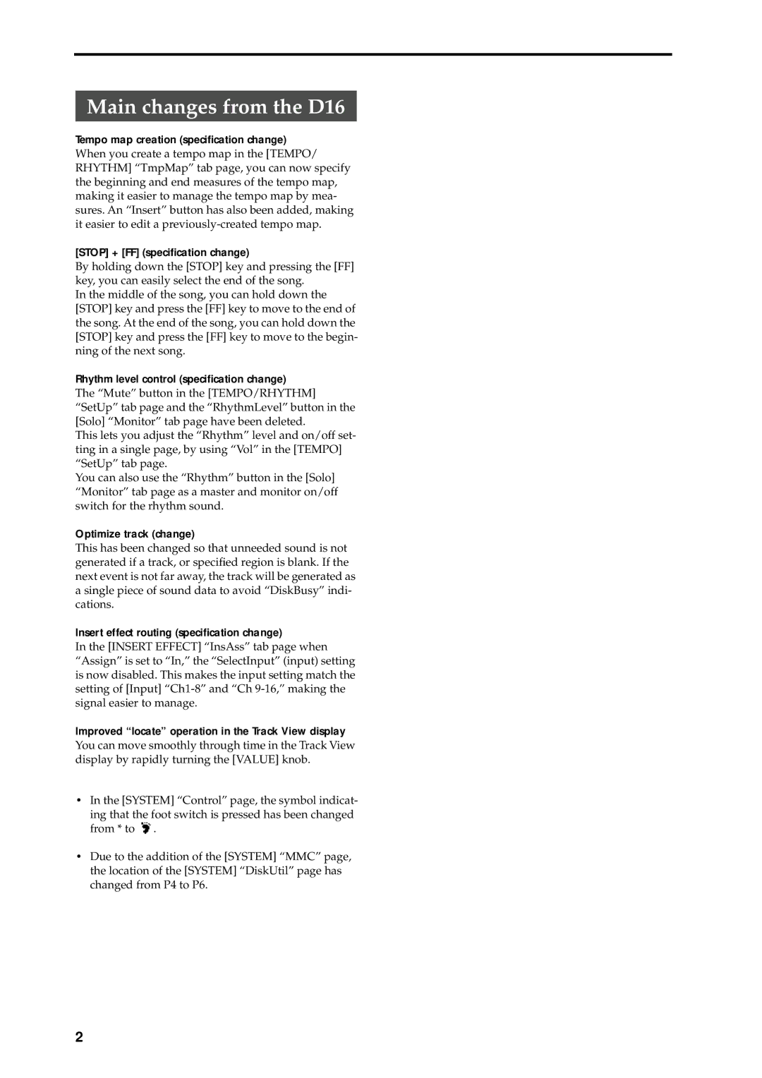 Korg manual Main changes from the D16, Rhythm level control speciﬁcation change, Optimize track change 