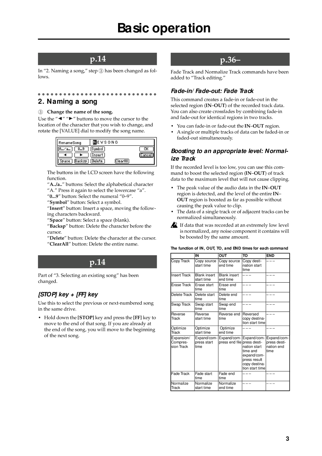 Korg D16 manual Basic operation, Naming a song, Stop key + FF key, Fade-in/Fade-out Fade Track 