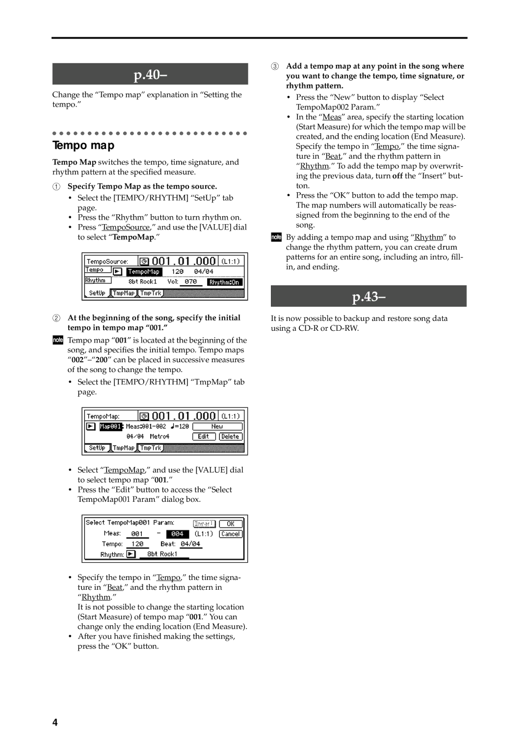 Korg D16 manual Tempo map, Specify Tempo Map as the tempo source 