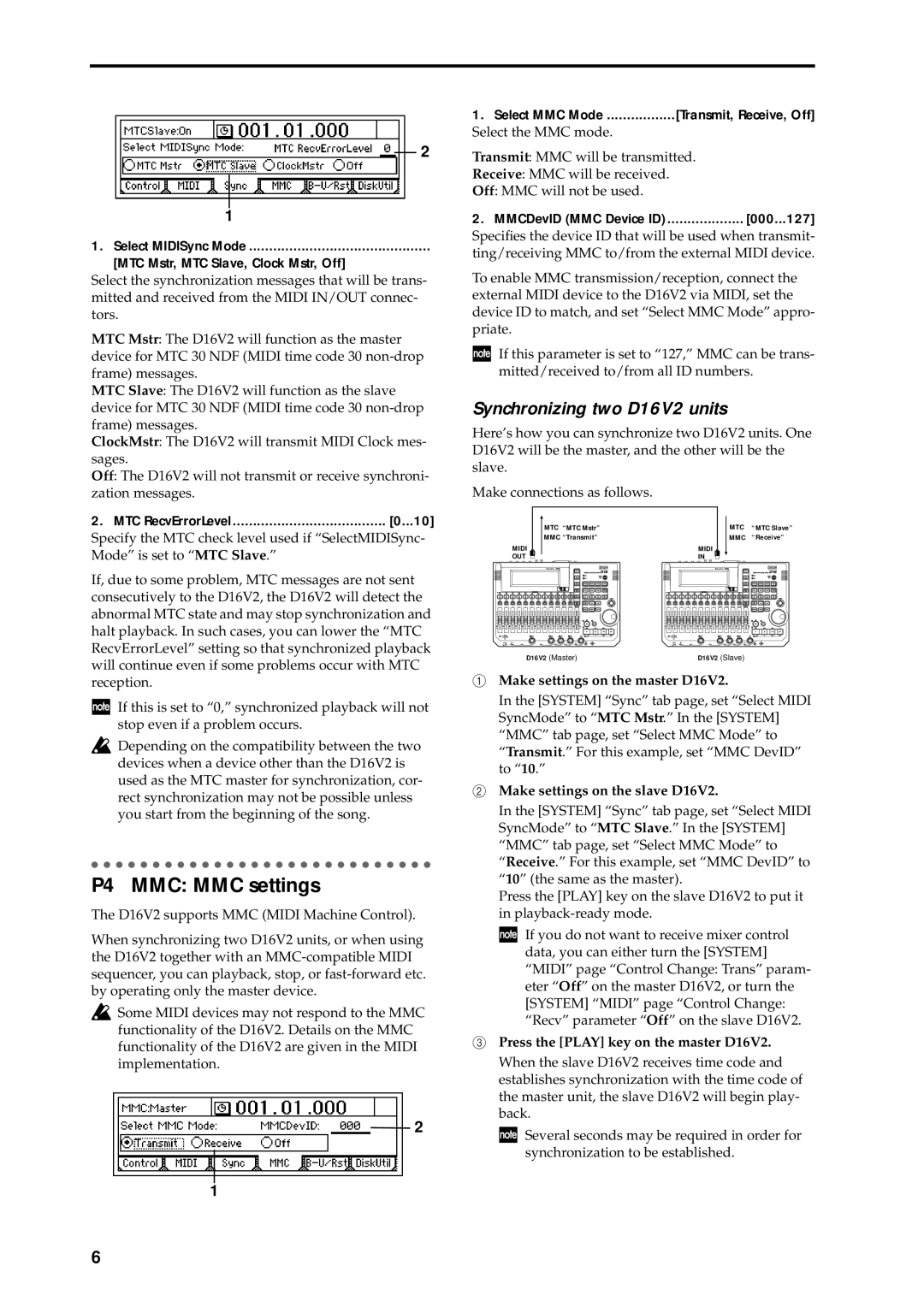 Korg manual P4 MMC MMC settings, Synchronizing two D16V2 units, Make settings on the master D16V2 