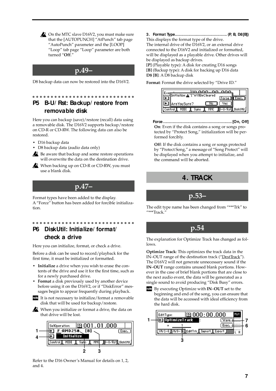 Korg D16 manual Track, P5 B-U/Rst Backup/restore from removable disk, P6 DiskUtil Initialize/format/ check a drive 