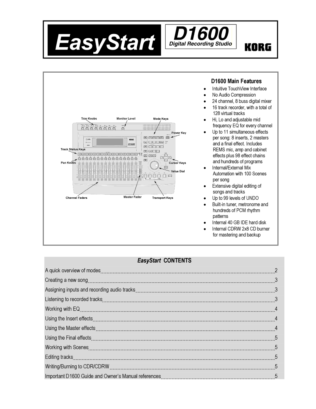 Korg D1600 owner manual EasyStart 