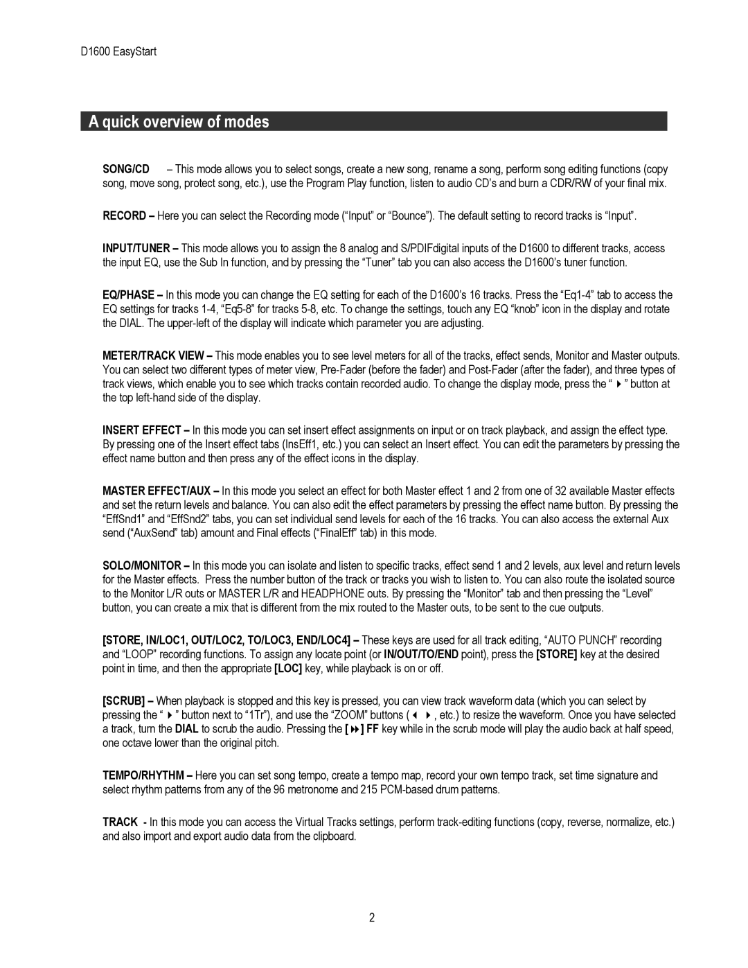 Korg D1600 owner manual Quick overview of modes 