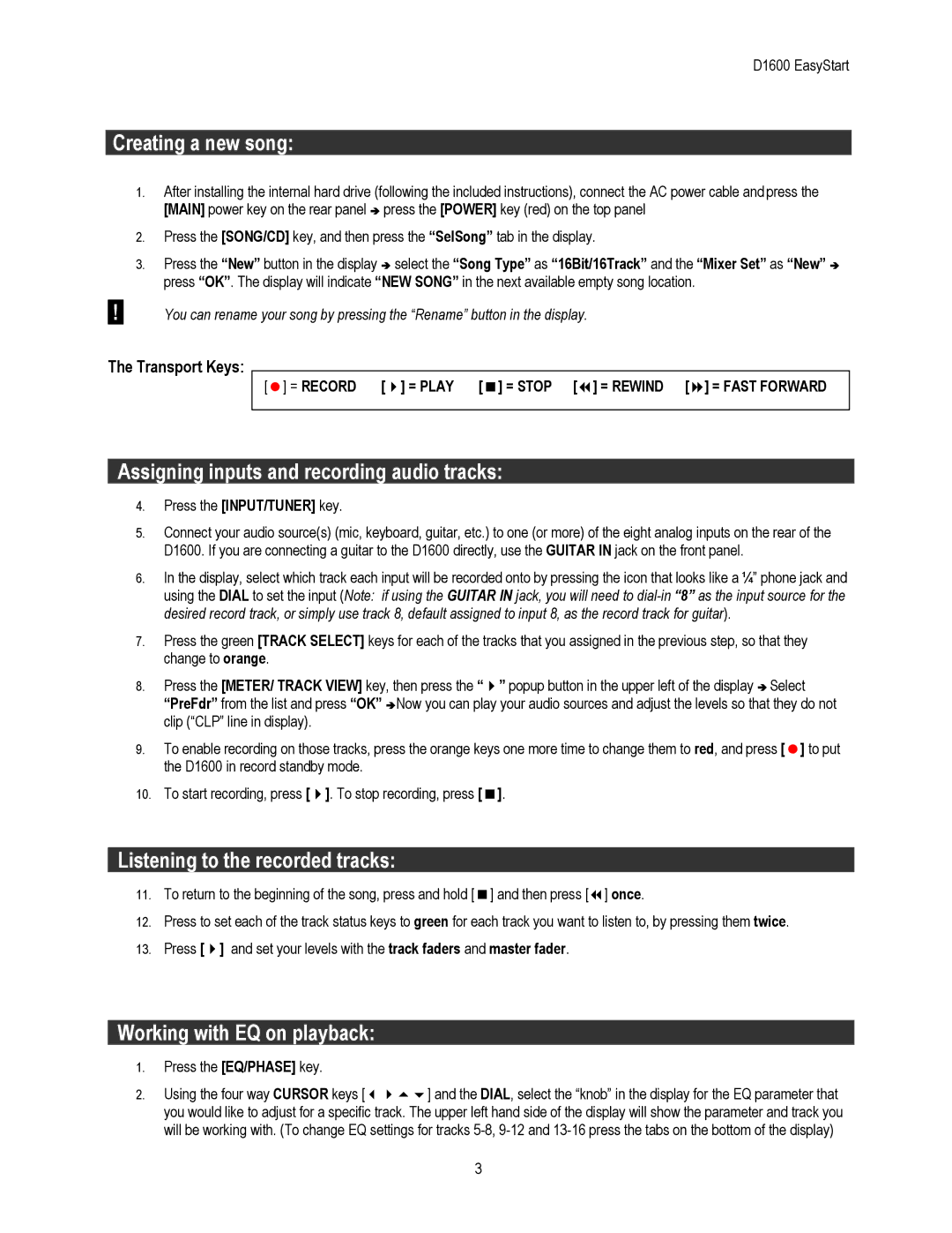 Korg D1600 owner manual Creating a new song, Assigning inputs and recording audio tracks, Listening to the recorded tracks 