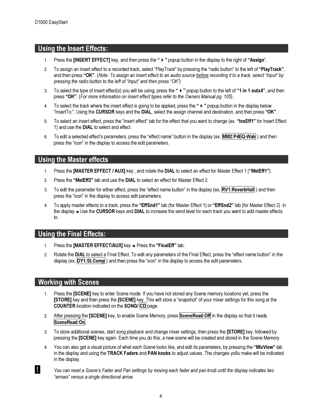 Korg D1600 owner manual Using the Insert Effects, Using the Master effects, Using the Final Effects, Working with Scenes 