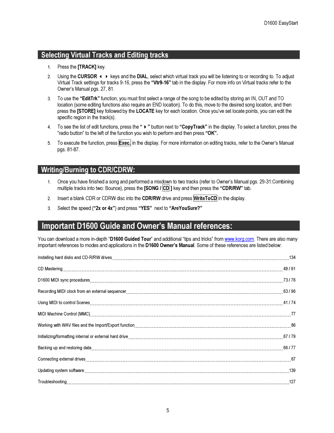 Korg D1600 owner manual Selecting Virtual Tracks and Editing tracks, Writing/Burning to CDR/CDRW 