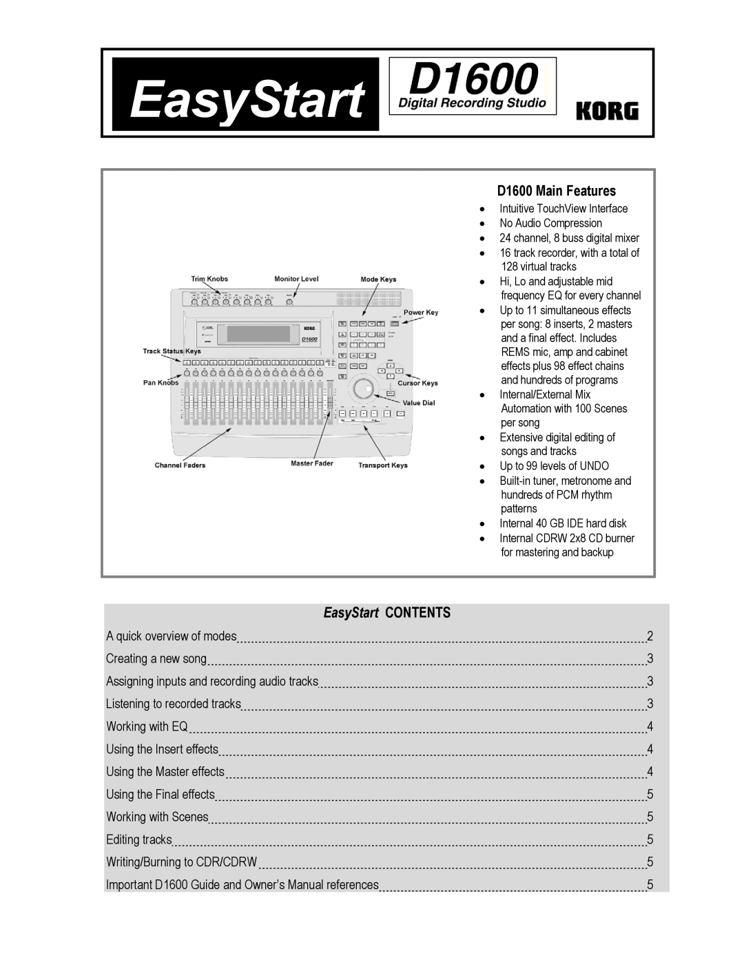 Korg owner manual D1600 Main Features, EasyStart CONTENTS 