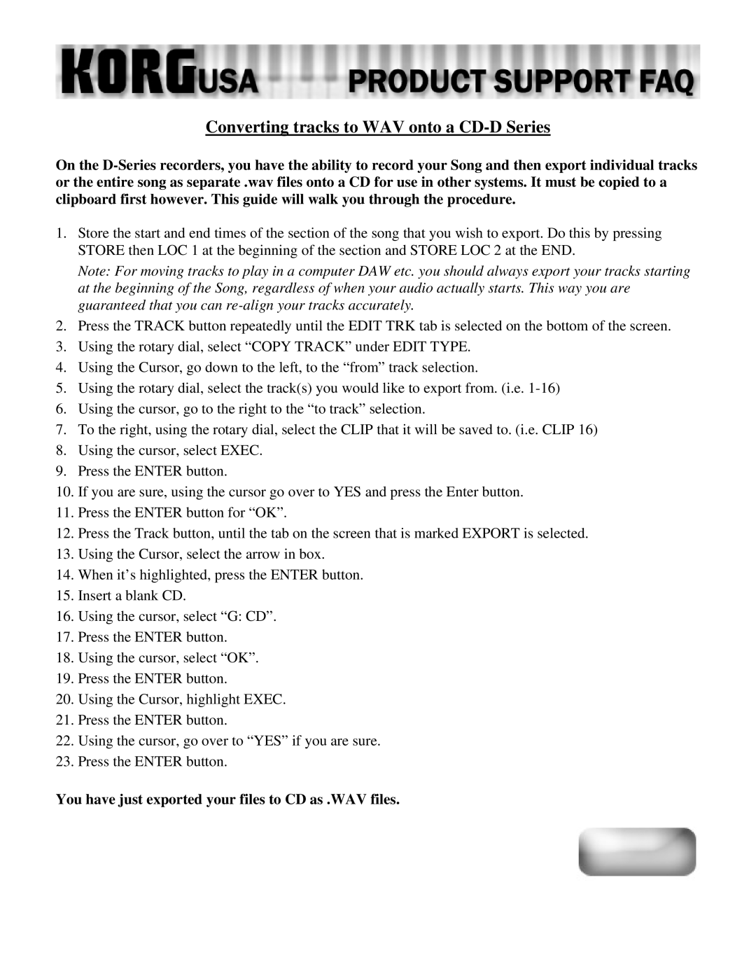 Korg D1600mkII manual Converting tracks to WAV onto a CD-D Series 