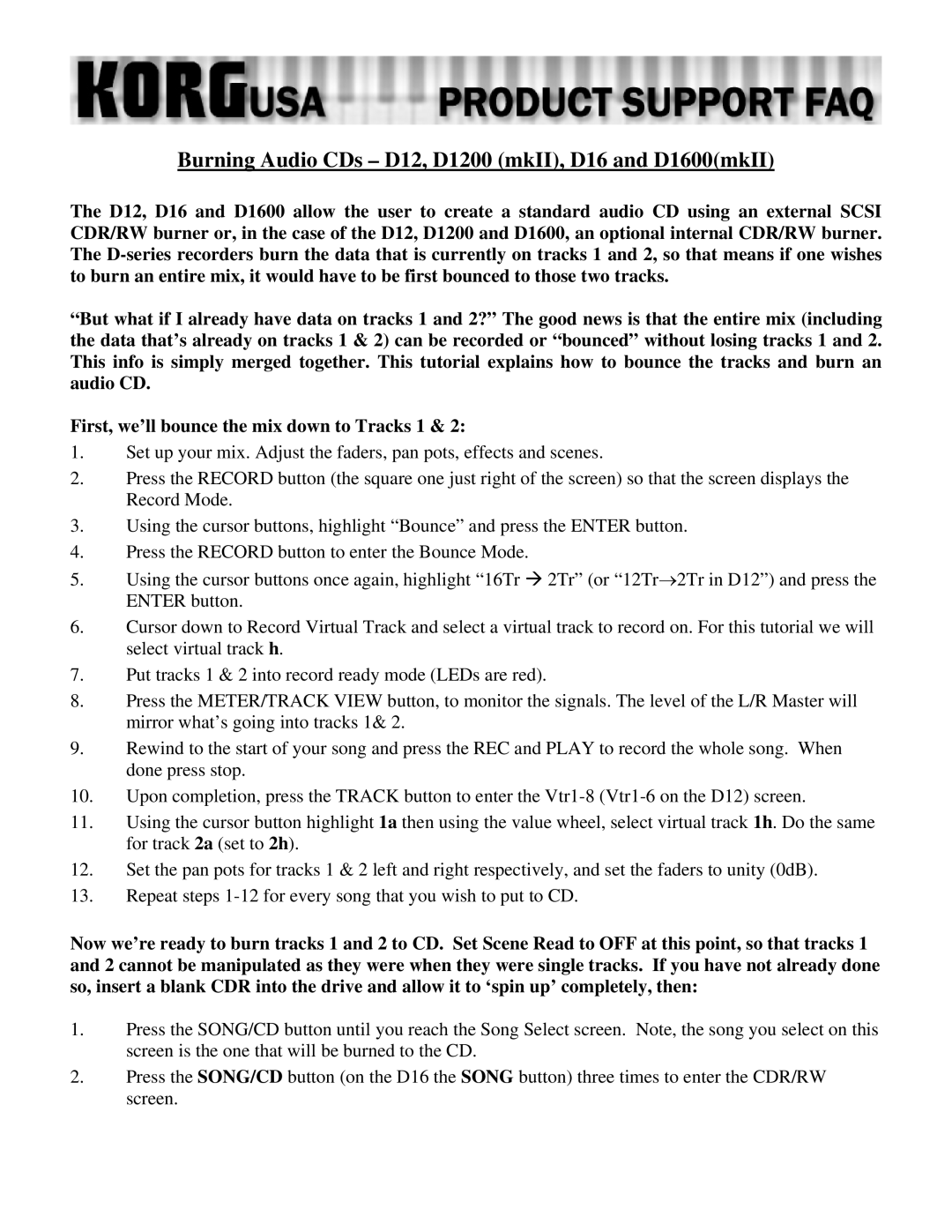 Korg manual Burning Audio CDs D12, D1200 mkII, D16 and D1600mkII 