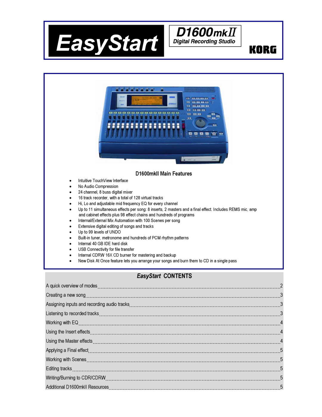 Korg D1600mkII manual EasyStart 