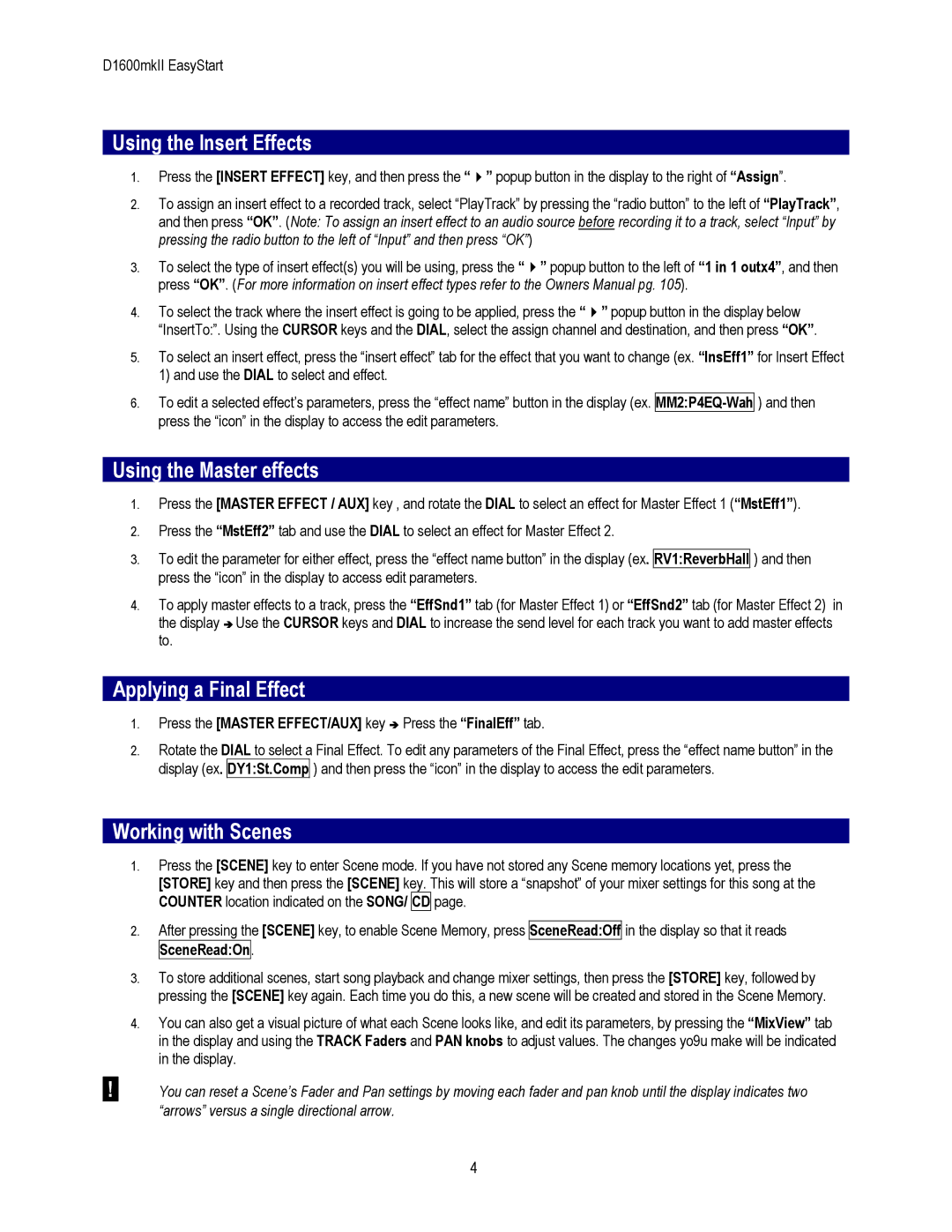 Korg D1600mkII manual Using the Insert Effects, Using the Master effects, Applying a Final Effect, Working with Scenes 