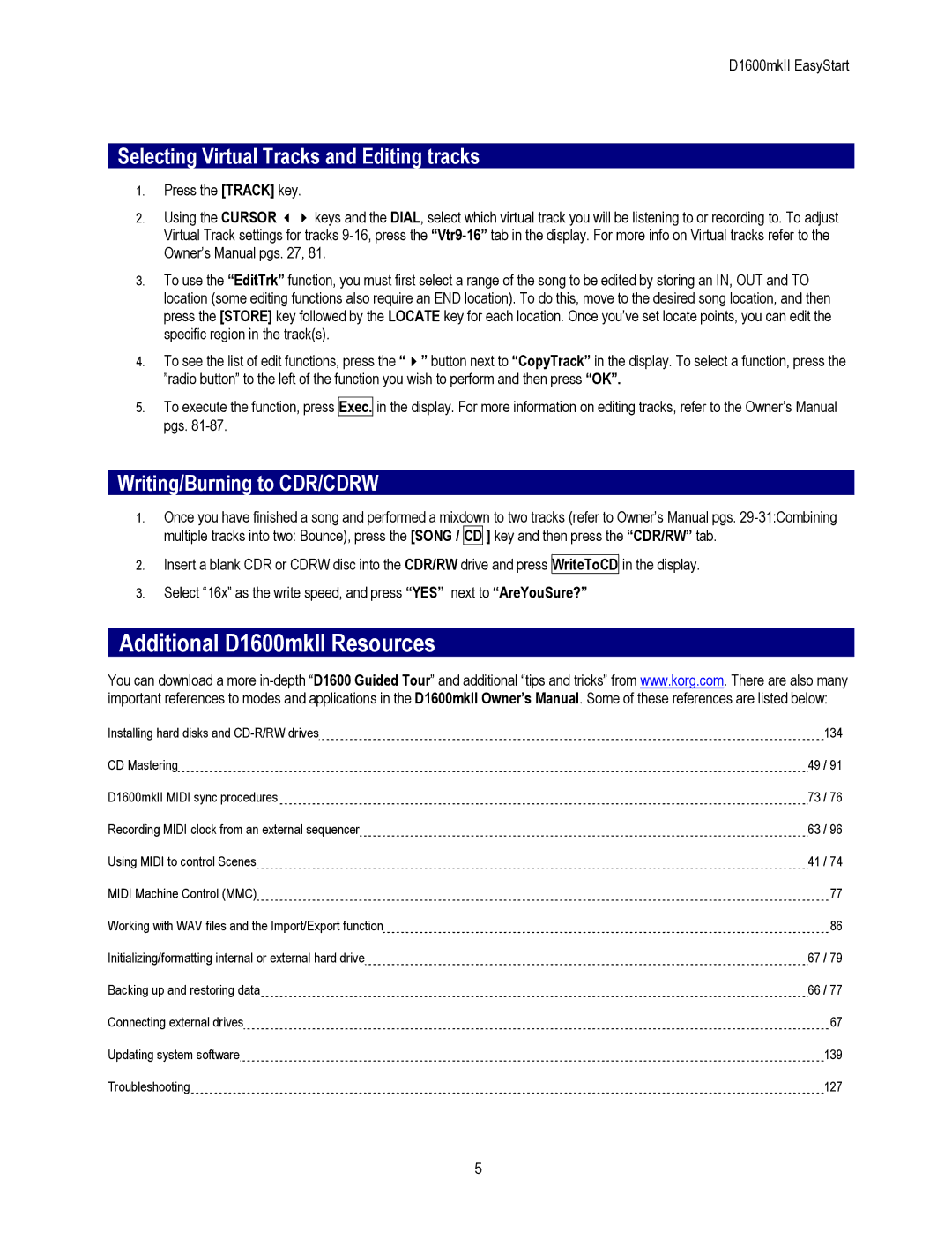 Korg D1600mkII manual Selecting Virtual Tracks and Editing tracks, Writing/Burning to CDR/CDRW 