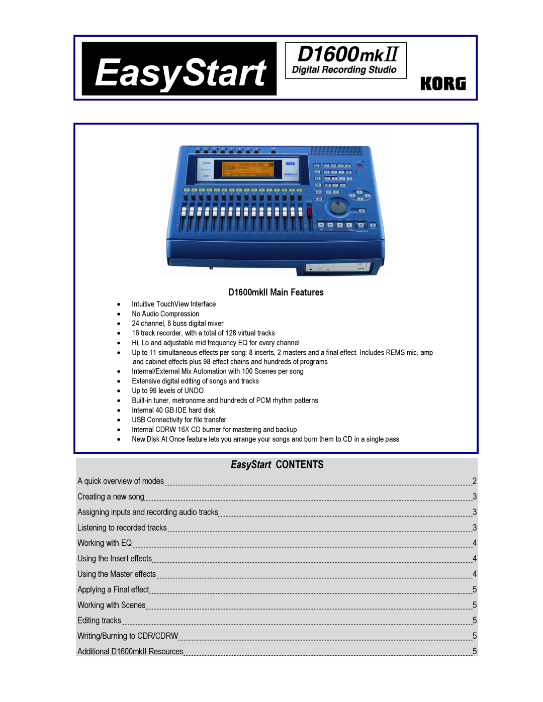 Korg manual D1600mkII Main Features, EasyStart CONTENTS 