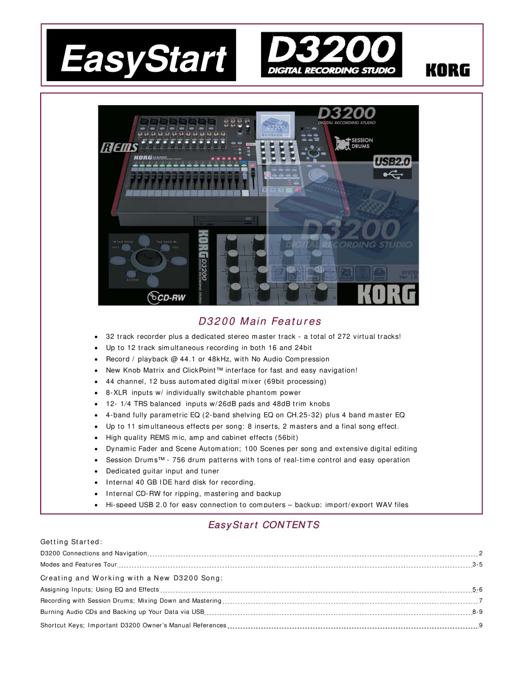 Korg D3200 owner manual EasyStart Contents 