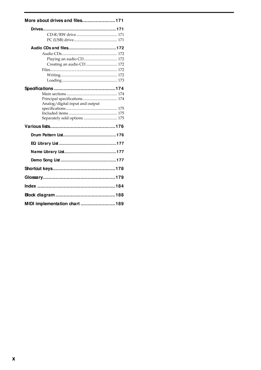 Korg D3200 owner manual More about drives and files 171, Specifications 174, Various lists 176 