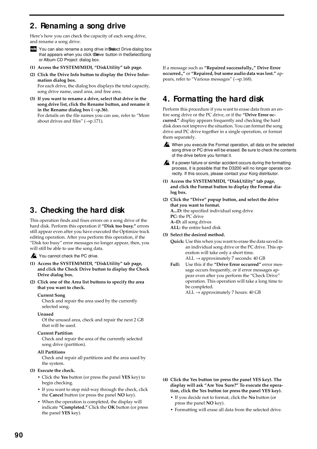 Korg D3200 owner manual Renaming a song drive, Checking the hard disk, Formatting the hard disk 