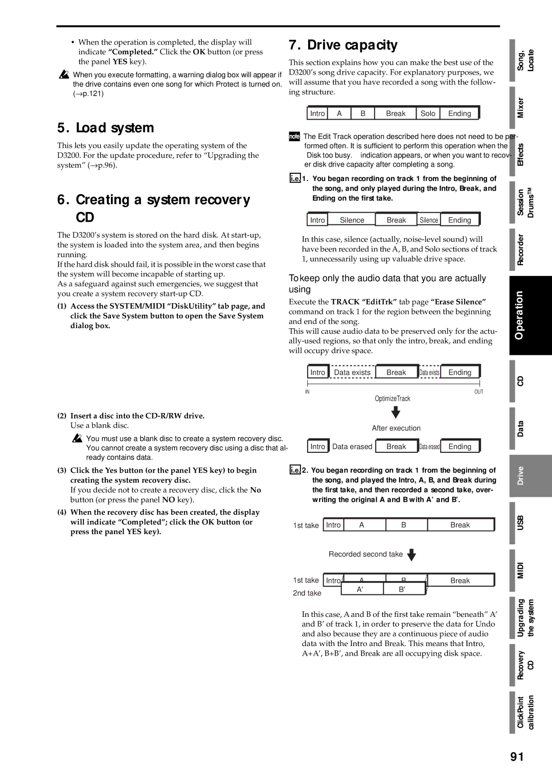 Korg D3200 owner manual Load system, Creating a system recovery, Drive capacity 