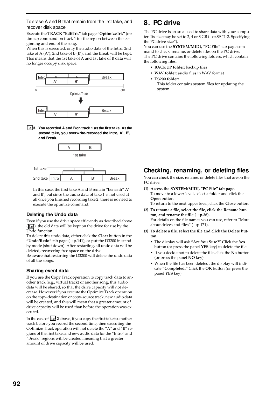 Korg D3200 owner manual PC drive, Checking, renaming, or deleting ﬁles, Deleting the Undo data, Sharing event data 