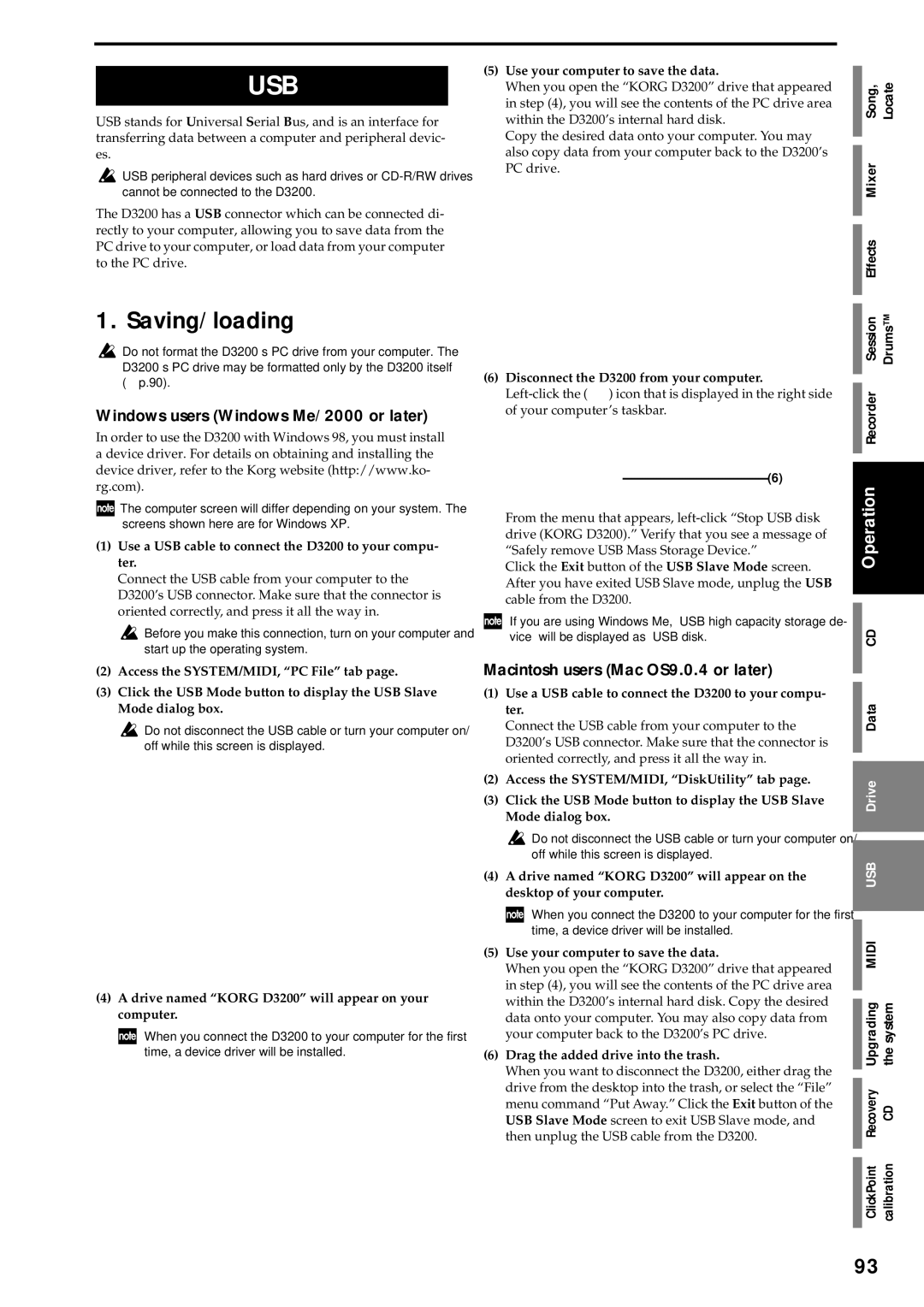 Korg D3200 owner manual Saving/loading, Windows users Windows Me/2000 or later, Macintosh users Mac OS9.0.4 or later 