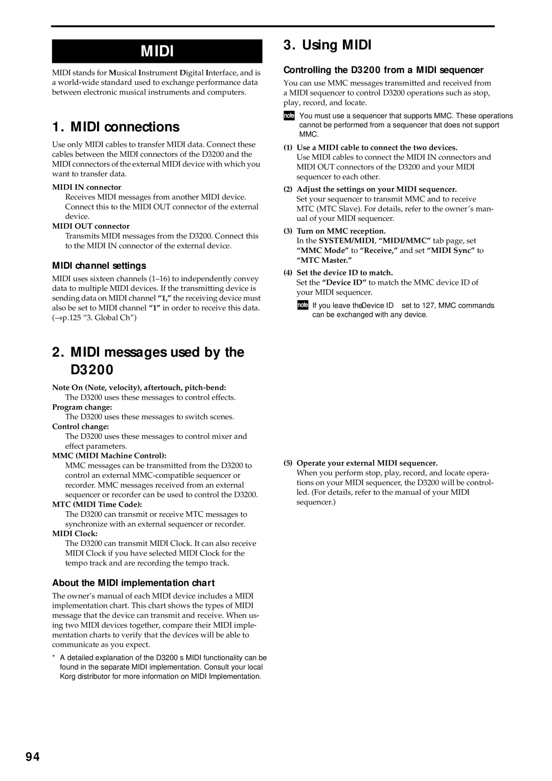 Korg owner manual Midi connections, Using Midi, Midi messages used by D3200 