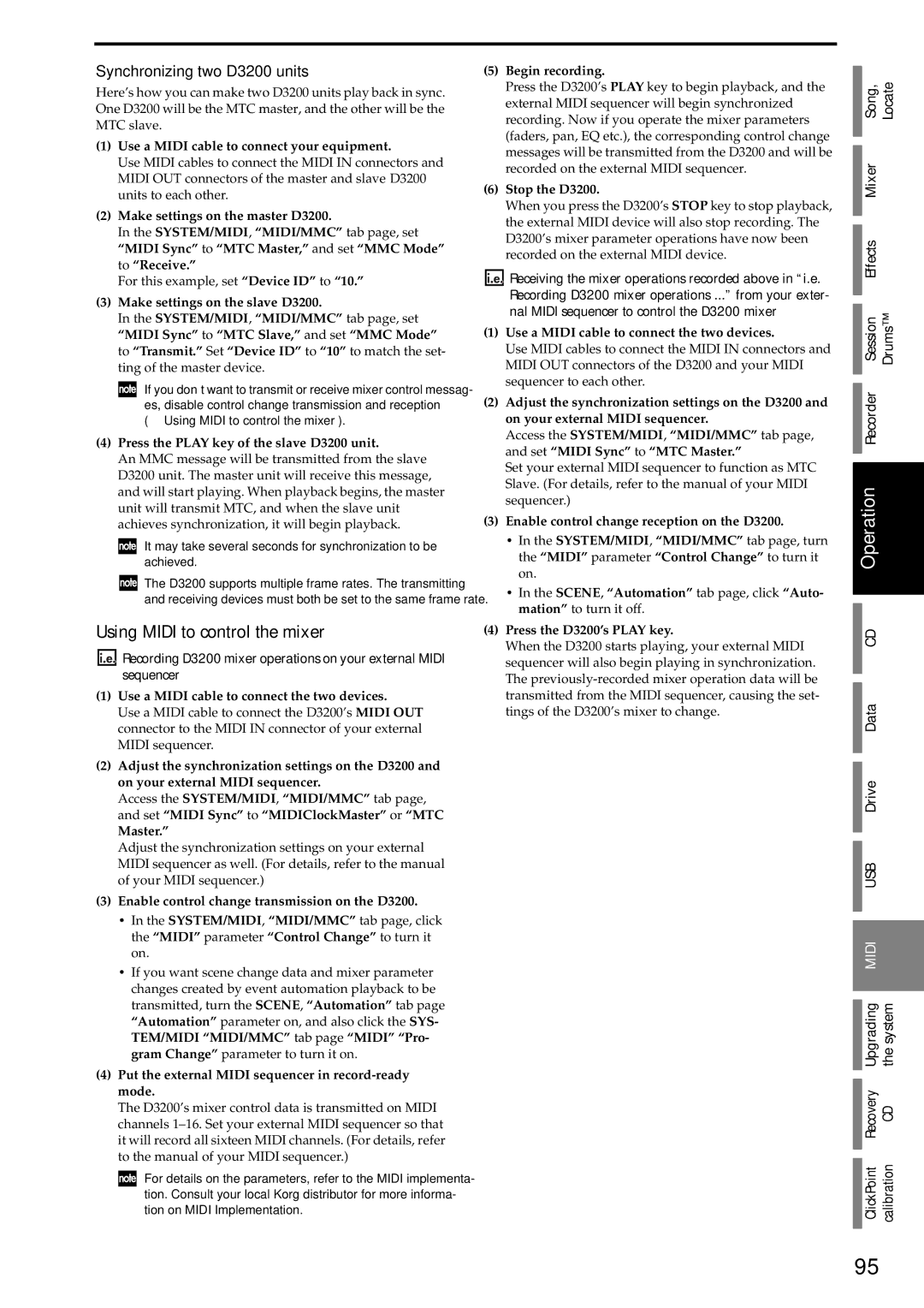 Korg owner manual Using Midi to control the mixer, Synchronizing two D3200 units 